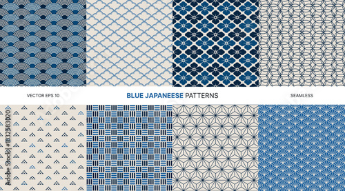 Seamless vector patterns with traditional blue Japanese geometric shapes, floral motifs, wave designs, cultural symbols, repeating backgrounds for textile, wrapping paper, decorative projects