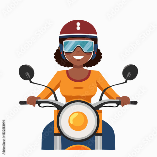 Happy Black Woman Riding Motorcycle with Helmet and Goggles, Isolated White Background