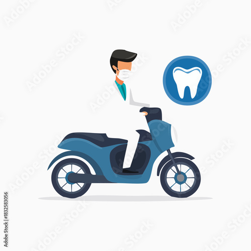 Dental Professional Driving Scooter with Tooth Symbol for Mobile Service, Bright Studio Background