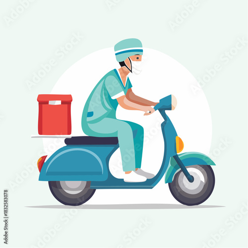 Medical Professional Driving Scooter with Red Medical Box for Urgent Delivery, Bright Studio Background