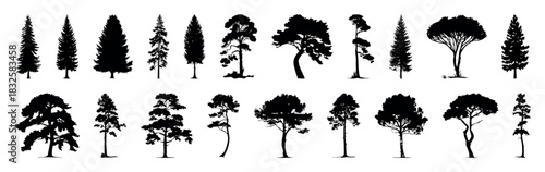 Flat vector trees set. Tree icons are set in a modern flat style. Vector silhouette of tree on white background. graphic trees elements, Architecture and Landscape Design: Vector Illustration of Green