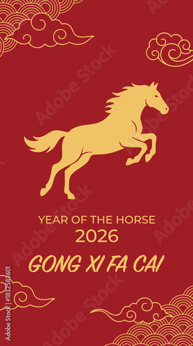Chinese New Year 2026 Horse Zodiac Illustration with Golden Running Horse and Elegant Swirl Clouds on Red Background