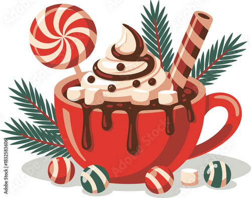 Red mug hot chocolate with whipped cream and candy
