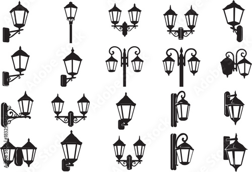 Collection of street lamp silhouettes various designs lighting solutions vector graphic