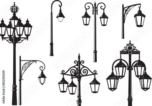 Collection of Antique Street Lamp Designs in Black and White Vector Art
