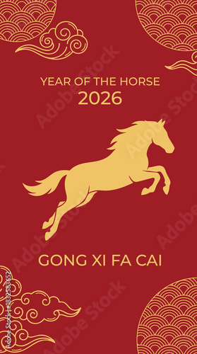 Chinese New Year 2026 Horse Zodiac Illustration with Golden Running Horse and Elegant Swirl Clouds on Red Background