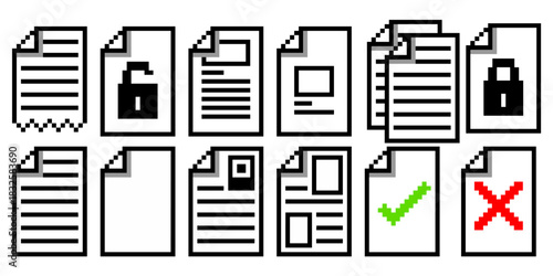 Set Pixel Set Paper File Icon Vector Ideal for gaming interfaces, data, documentation, and retro office graphics in an 8-bit style. Symbolizes record, document, information, and digital files.