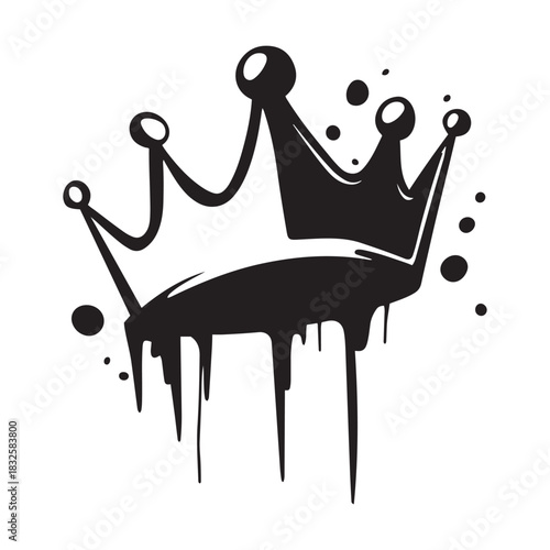 Black dripping crown graffiti silhouette with ink splatter elements, bold street art vector illustration on white background for urban graphic design, tattoo template or hip hop fashion decoration