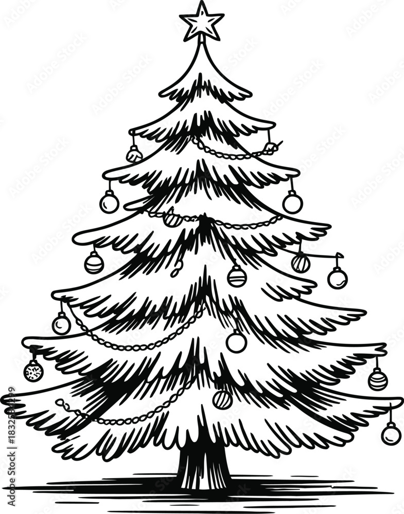 Obraz premium Black and white line drawing of a decorated Christmas tree