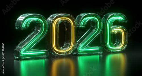 Fototapeta Naklejka Na Ścianę i Meble -  2026, neon number, the number 2026 glowing with reflection on a black background. Green 2026 with a tint, abstract concept, wallpaper. 3D render