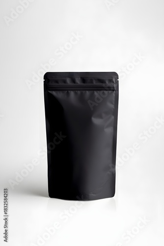 Black stand up pouch on white background with a minimalist and modern design style