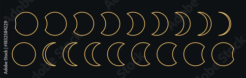Outline golden moon phases set vector illustration with black background minimalist linear celestial style spiritual astronomy astrology decor for posters prints wallpapers tarot and digital use