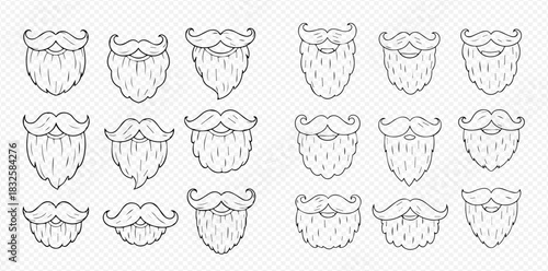 A collection of hand-drawn beards and mustaches in various styles, line art vector illustration.