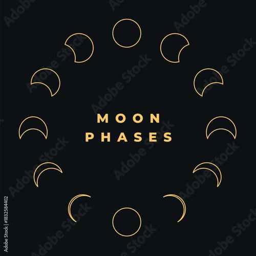 Golden crescent moon phase vector with circular composition and bold moon phases text minimalist mystical celestial astronomy design with black background perfect for astrology posters or branding