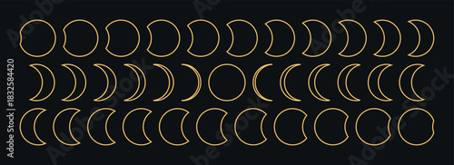 Golden moon phases outline set on black background lunar calendar astronomy cycle mystical celestial design magical symbols flat astrology occult repeating illustration