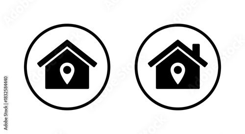 House location pin icon in circular outline. Real estate address symbol. Home map marker sign