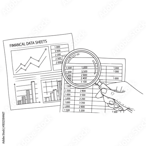 Hand-drawn Outline Illustration of Financial Data Sheets with Magnifying Glass