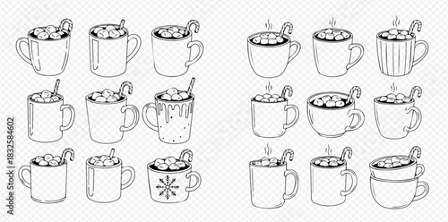 Collection of hand-drawn line art illustrations featuring various hot chocolate mugs with marshmallows and candy canes, perfect for winter designs.