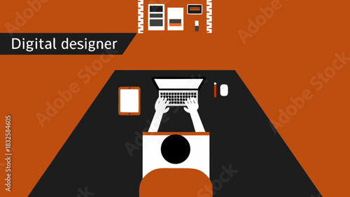 Illustration of a person working at a desk with a laptop tablet and other office supplies in orange room on transparent background silhouette