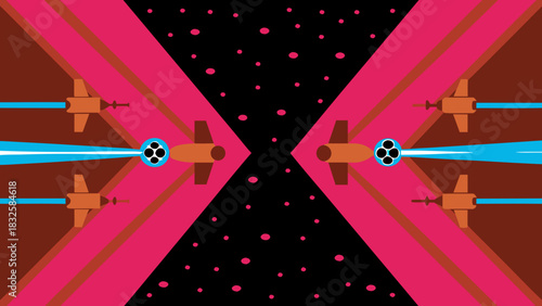 Spaceships firing lasers in a symmetrical pattern against a starry background in pink and black tones on transparent background silhouette