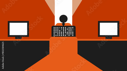 A stick figure sits at a desk with two computer monitors in an orange and black colored room space on transparent background silhouette
