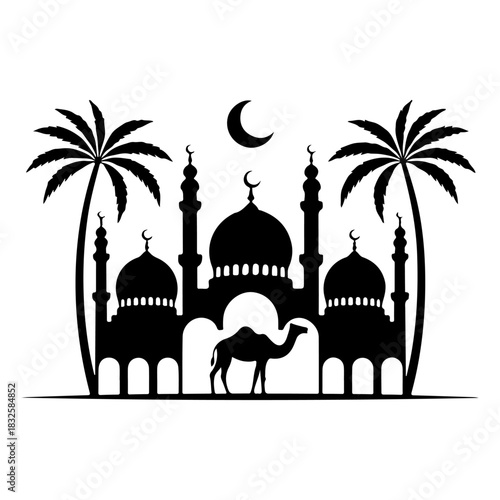 Islamic Mosque Silhouette with Palm Trees & Camel | Arabic Wall Art Vector
