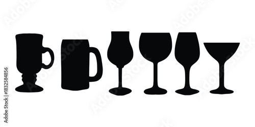 Drinkware Silhouette Vector Set Glass and Mug Icons. Beverage Glass Silhouette Pack