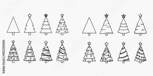 Collection of various Christmas tree line art icons, from simple outlines to decorated with stars, ornaments, and garlands, suitable for holiday designs.