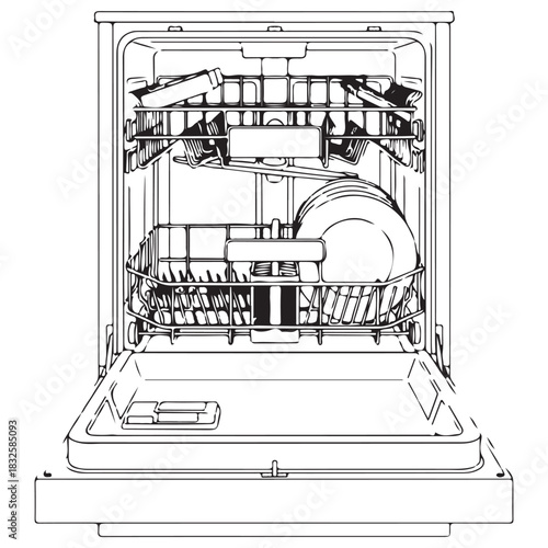 Detailed Line Art of an Open Dishwasher with Stacked Dishes