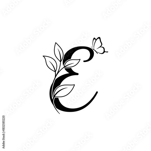 Decorative black capital letter E with leaves and a butterfly flat illustration