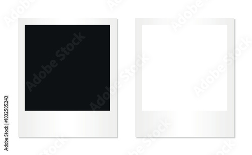 Set of two square instant photo frames with black and white placeholders isolated on transparent background retro  style mockup template memory design layout print picture