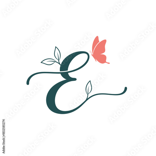 Teal cursive letter E with a pink butterfly and green leaves flat illustration