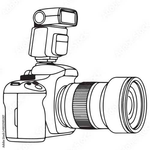 Detailed Black and White Vector Illustration of Digital Camera with Flash