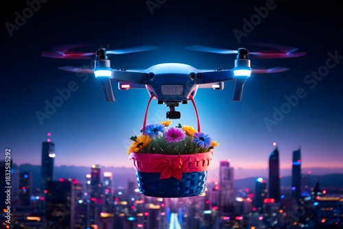 Drone Delivering Flowers Over City Lights at Dusk - Modern Gift Delivery Concept