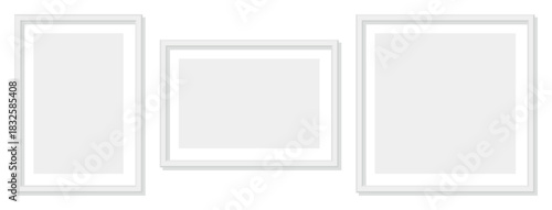 Empty white picture frames set on transparent background minimalist style interior design template mockup collection horizontal and vertical orientation clean layout gallery wall concept neutral tones