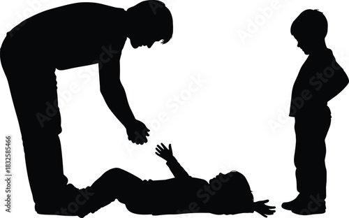 Caring father or adult helping a fallen young child lying on the ground, with another older boy standing nearby, vector silhouette illustration for parental care.