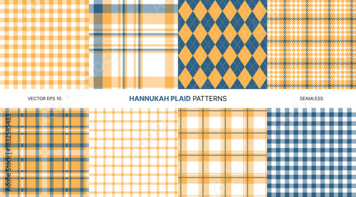 Seamless vector patterns with Hanukkah inspired plaid designs in gold navy white tones including tartan houndstooth argyle prints festive wrapping textiles decor crafts digital projects backgrounds