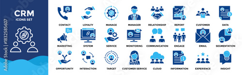 CRM icon set collection. an icon pack contain customer, relationship, manage, loyalty, contact, data, report