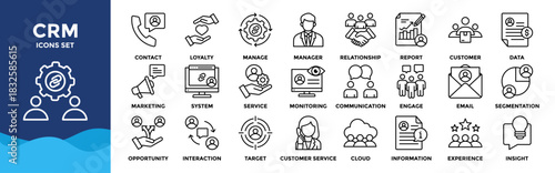 CRM icon set collection. an icon pack contain customer, relationship, manage, loyalty, contact, data, report