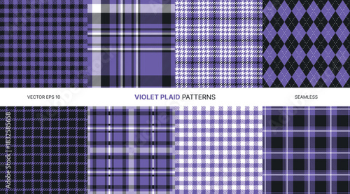 Seamless vector patterns featuring violet plaid textures with classic tartan, gingham, argyle, houndstooth, checkered, and grunge designs for textile, fashion, wrapping, scrapbooking, and backgrounds