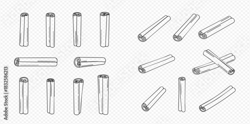 Hand-drawn sketch set of various cinnamon sticks, aromatic spice for cooking and baking.