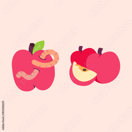 Bitten red apple with a worm peeking out. Clean, simple fruit illustration perfect for food themes, organic concepts, kids’ materials, and educational designs.