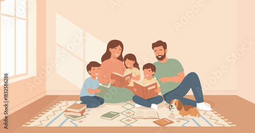 “Cute flat illustration of a family reading books together on the floor, warm muted palette, round shapes, gentle shadows, peaceful bonding moment, suitable for editorial and commercial use.”