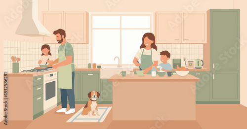 “Flat vector of parents and children preparing breakfast in a bright kitchen, warm tones, simple geometric shapes, friendly and cheerful atmosphere, family lifestyle illustration, no gradients, no tex