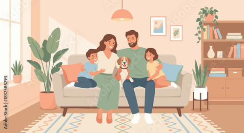 “Warm flat-style vector illustration of a loving family sitting together on a sofa, soft pastel colors, minimal clean shapes, cozy living room interior, gentle lighting, modern home decor, commercial-