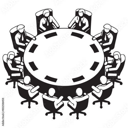 Flat Design Black and White Icon of Boardroom Meeting at Round Table