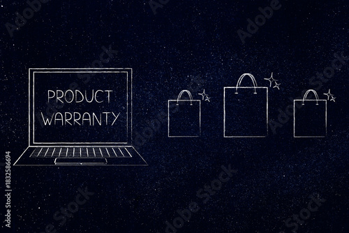 laptop with product warranty text and shopping bags illustration for ecommerce themes