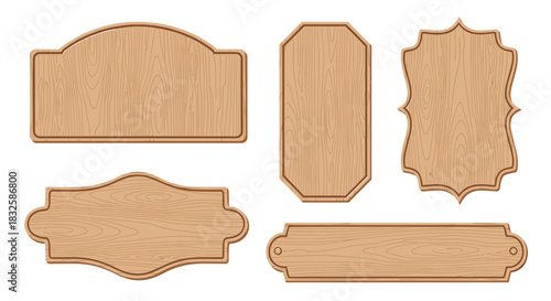 Collection of various blank wooden signboards and plaques with realistic wood grain texture, perfect for rustic labels or banners.