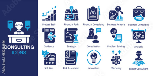 Consulting Icon set. Containing corporate, meeting, teamwork, solution, analysis and more. Solid vector icons collection. Vector illustration.