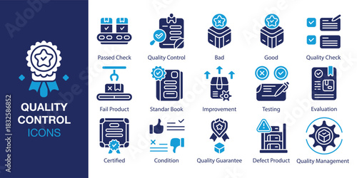 Quality Control Icon set. Containing audit, assurance, process, manufacturing, factory and more. Solid vector icons collection. Vector illustration.